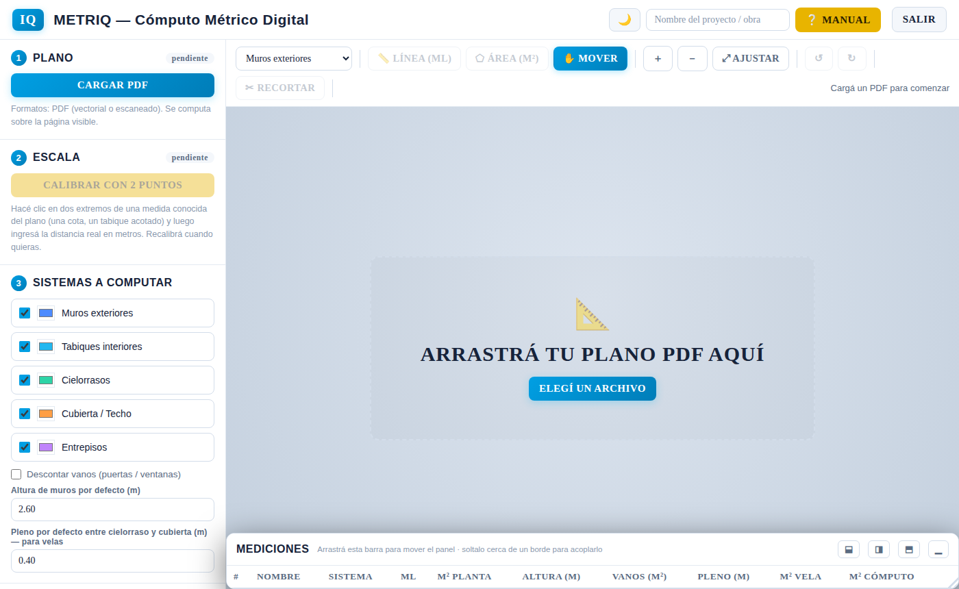 Interfaz de MetrIQ midiendo un plano